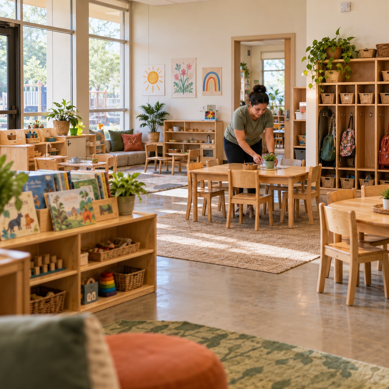 Educator preparing a childcare center classroom — illustrative photograph
