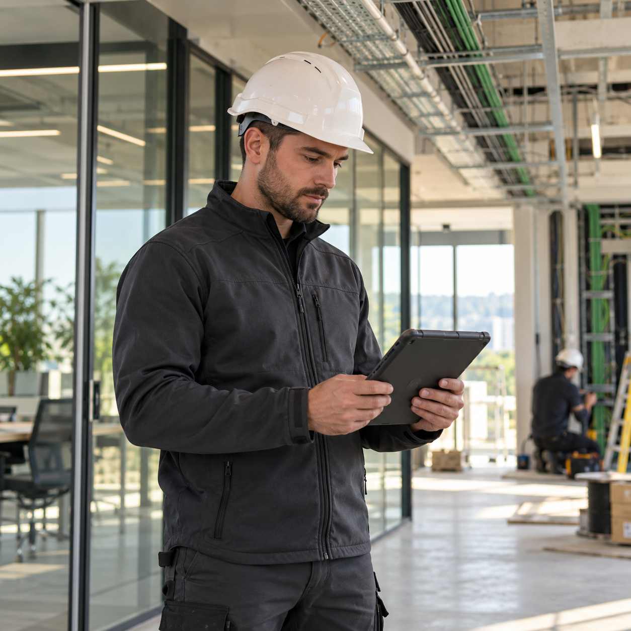 Illustrative field engineer using a tablet