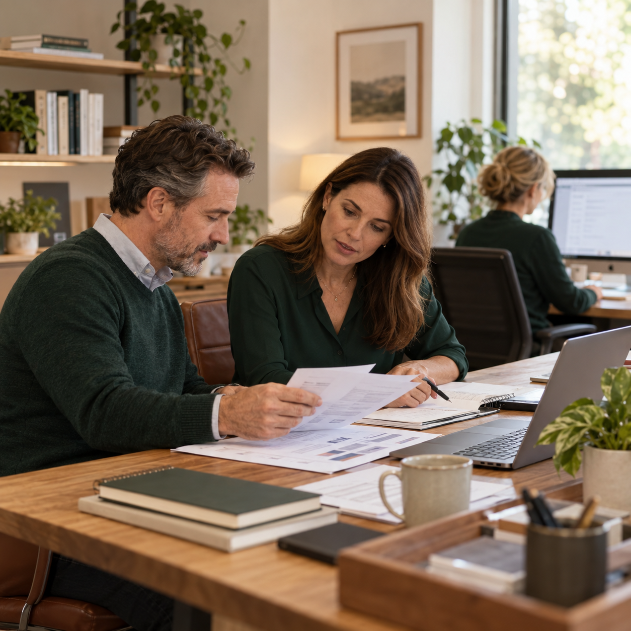 Illustrative office team reviewing documents together