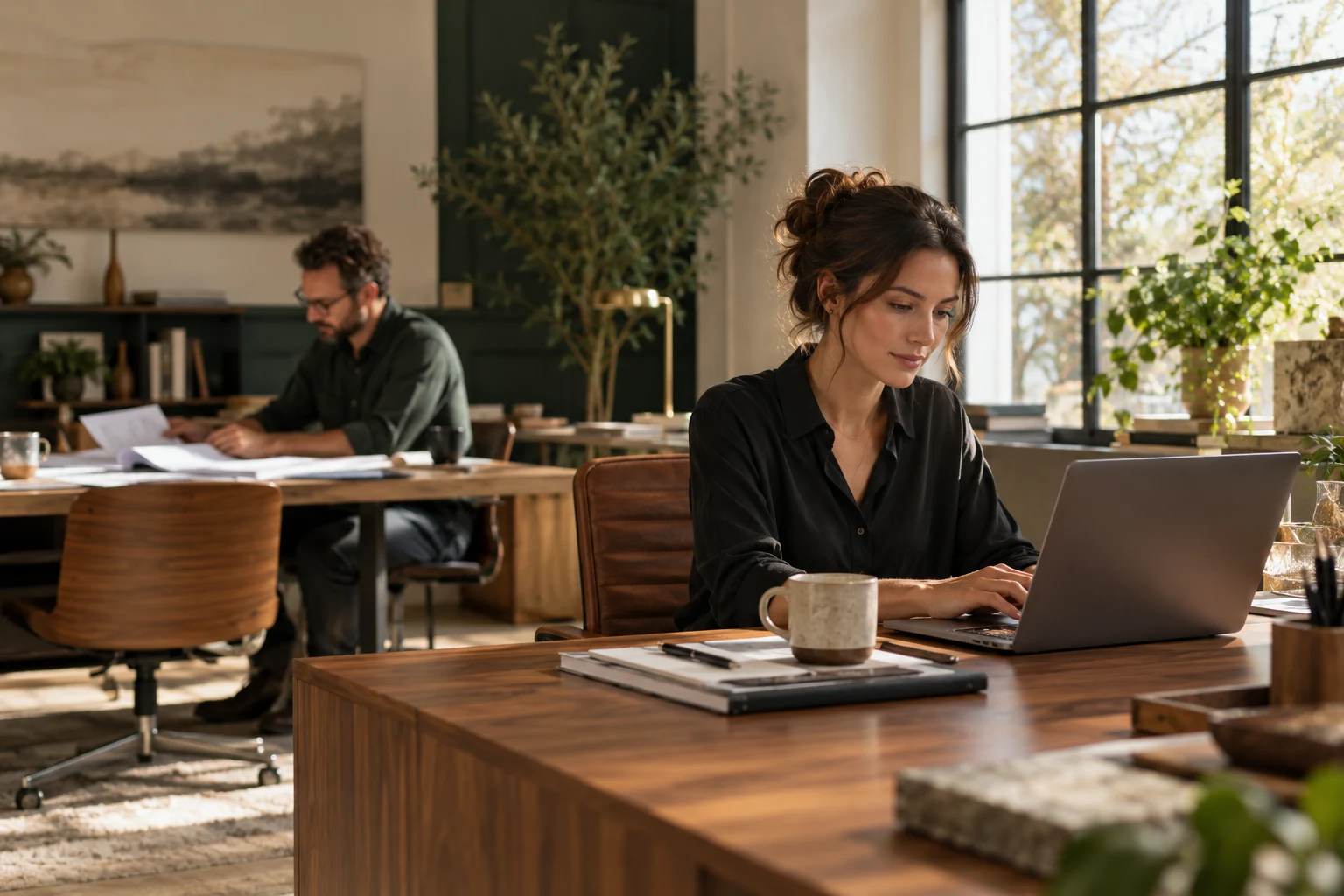 Illustrative office scene of colleagues focused on their work