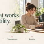 Self-Healing IT: Detect, Troubleshoot, Resolve, Verify. Two people work in an office beside the message “IT that works as a utility.”