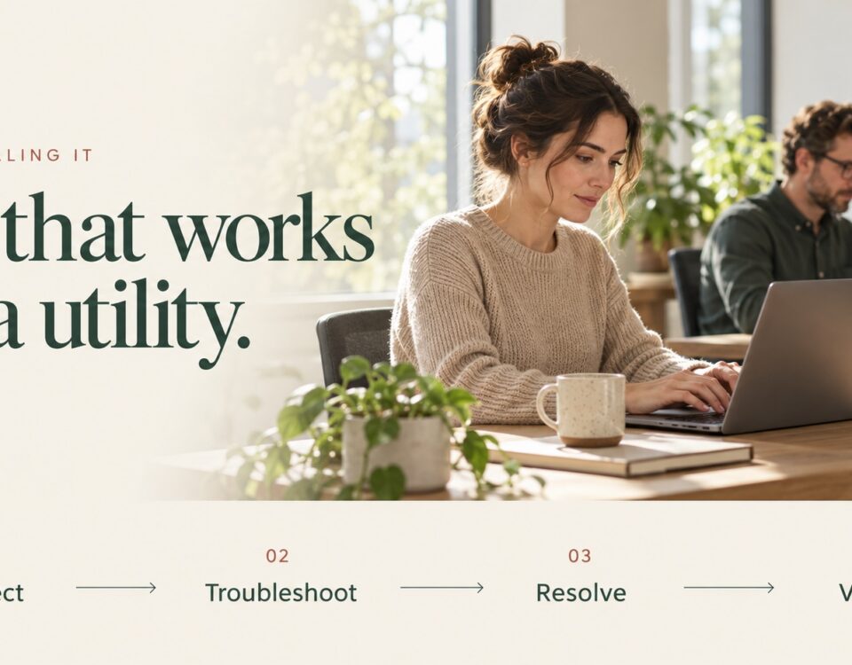 Self-Healing IT: Detect, Troubleshoot, Resolve, Verify. Two people work in an office beside the message “IT that works as a utility.”